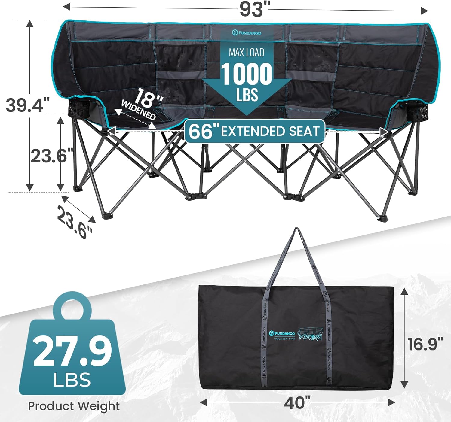 Double Camping Chair with Cooler 2 Person Folding Oversized Loveseat