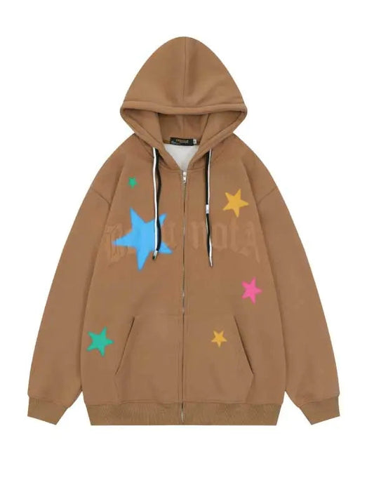 Colorful Star Drawstring Zip-up Hoodie
