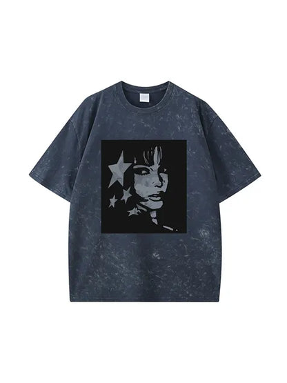 270g Cotton Animation Girl Stars Wash Old T-shirt