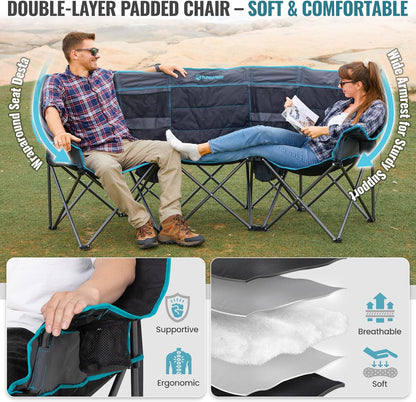 Double Camping Chair with Cooler 2 Person Folding Oversized Loveseat