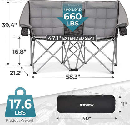 Double Camping Chair with Cooler 2 Person Folding Oversized Loveseat