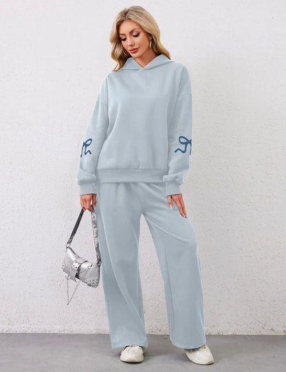 Women's 2 Piece Outfits Bow Trim Print Hoodie Sweatsuit Sets
