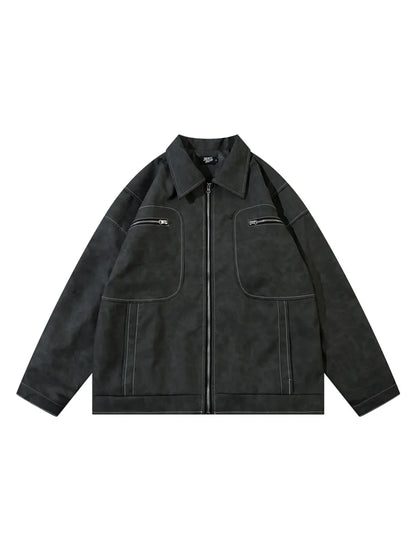 Vintage  Zip-up Lapel PU Leather Jacket