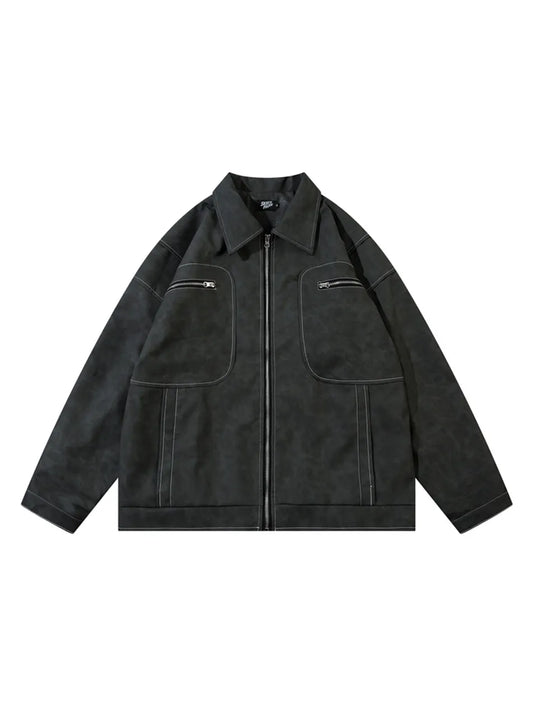 Vintage  Zip-up Lapel PU Leather Jacket