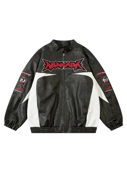Letter & Racing Car Printed Faux Leather Jacket for Men