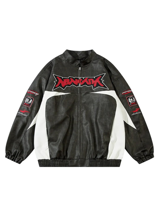 Letter & Racing Car Printed Faux Leather Jacket for Men