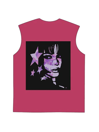 230g Cotton Back Pink Animation Girl Printed Wash Old Sleeveless T-shirt