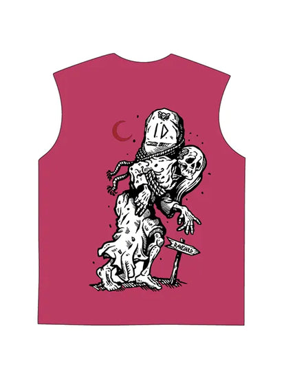 230g Vintage Skull Printed Wash Old Sleeveless T-shirt