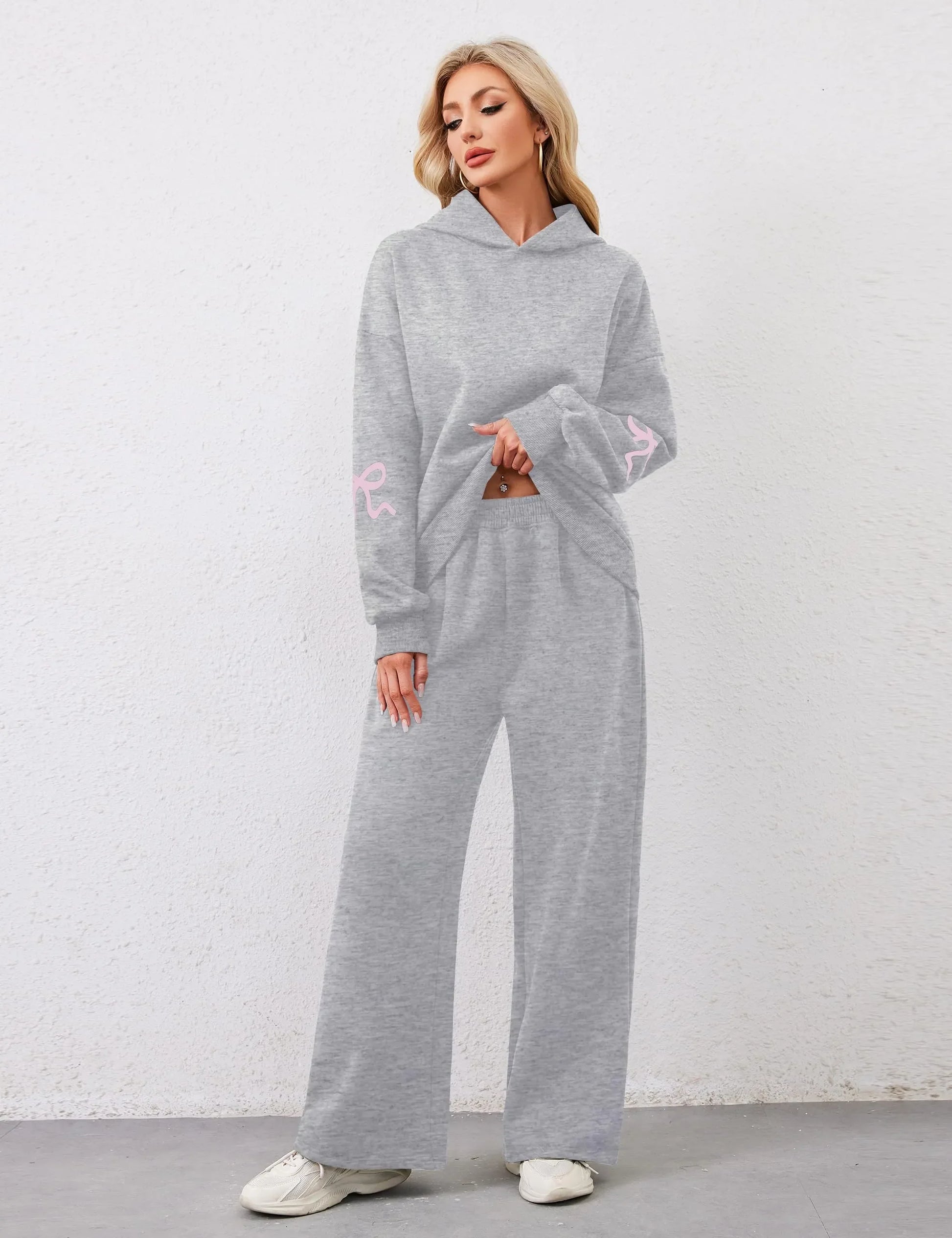 Women's 2 Piece Outfits Bow Trim Print Hoodie Sweatsuit Sets