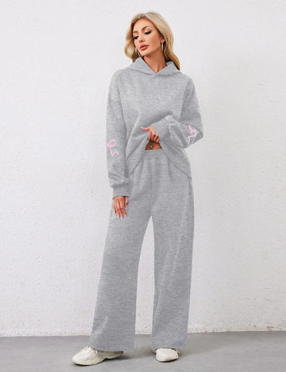 Women's 2 Piece Outfits Bow Trim Print Hoodie Sweatsuit Sets
