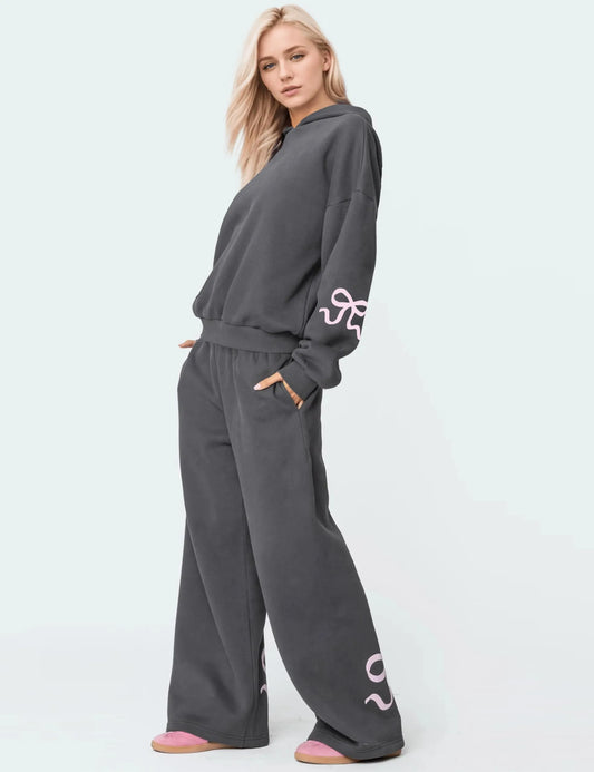 Women's 2 Piece Outfits Bow Trim Print Hoodie Sweatsuit Sets