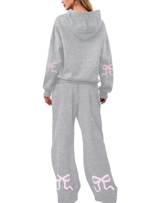 Women's 2 Piece Outfits Bow Trim Print Hoodie Sweatsuit Sets