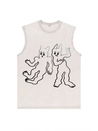 230g Abstract Line Cartoon Printed Wash Old Sleeveless T-shirt