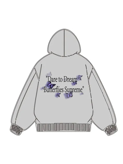 360g Butterflies Back Letter Printed Wash Old Cotton Hoodie