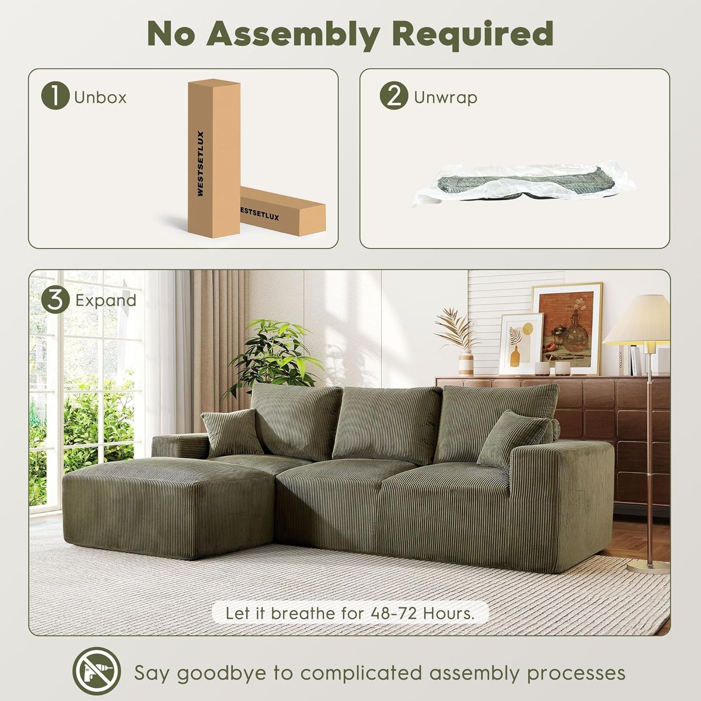 108 Inch Corduroy Cloud Sectional Sofa with Chaise Green