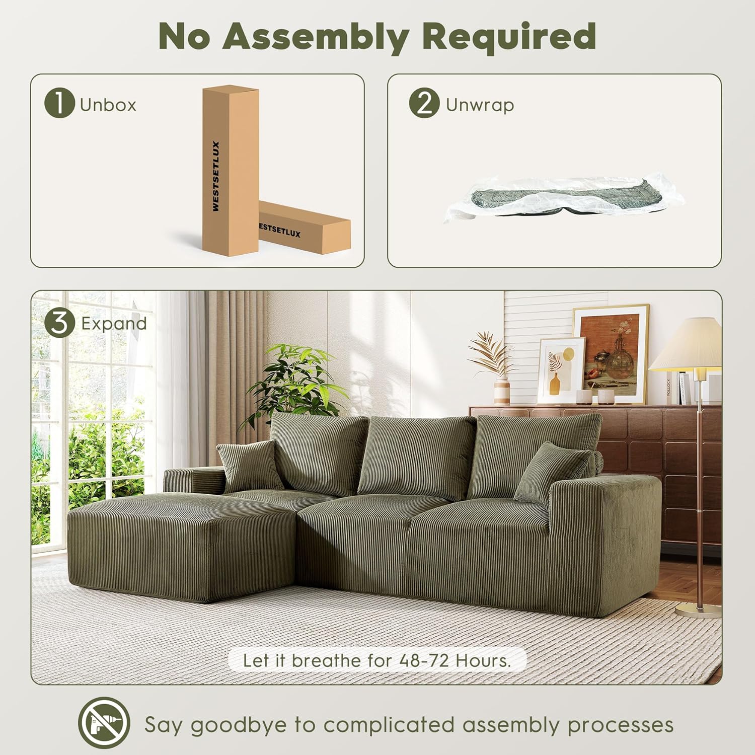 108 Inch Corduroy Cloud Sectional Sofa with Chaise Green