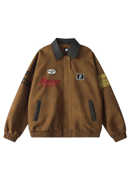 PU Leather Letter-embroidered Patchwork Lapel Jacket for Men