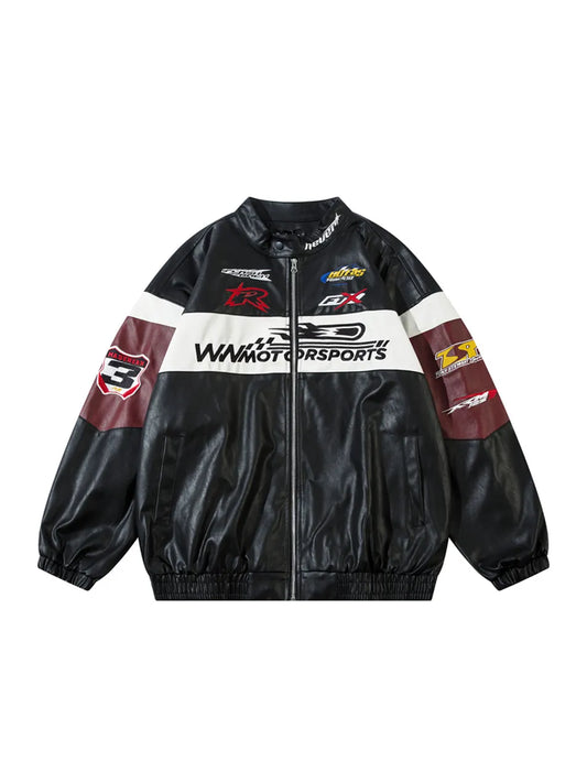 Patchwork Letter Embroidery PU Leather Jacket for Women