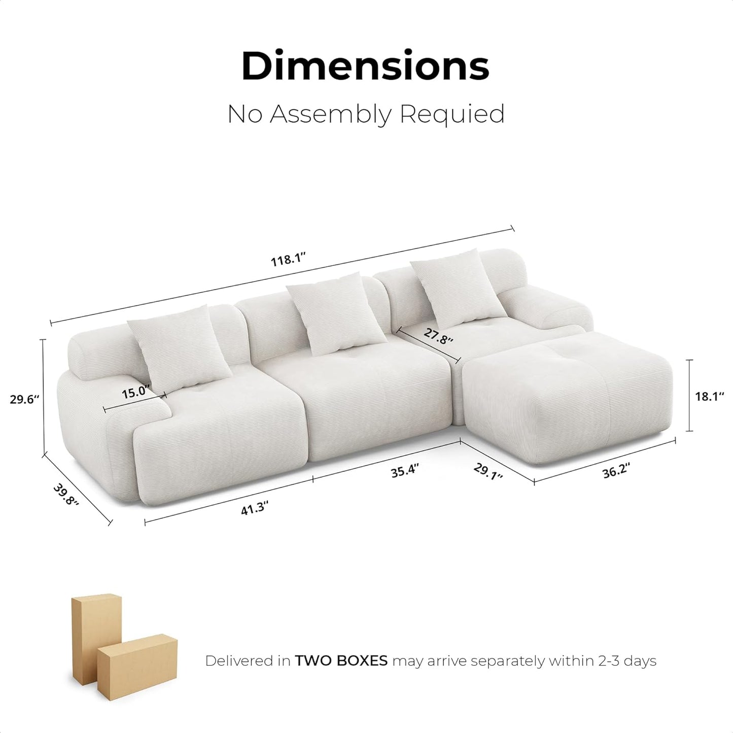 118 Inch L Shaped Modular Sofa with Ottoman Corduroy Beige