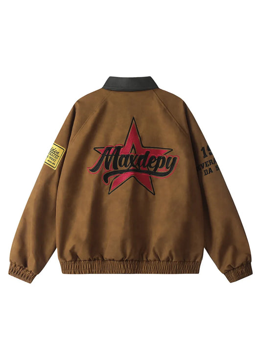 PU Leather Letter-embroidered Patchwork Lapel Jacket for Men