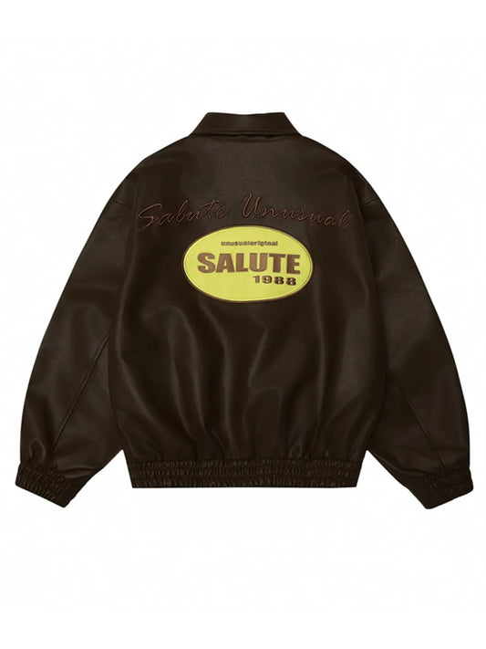 Men's Letter Embroidery Polo PU Leather Jacket