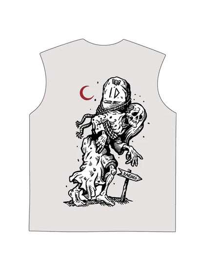 230g Vintage Skull Printed Wash Old Sleeveless T-shirt