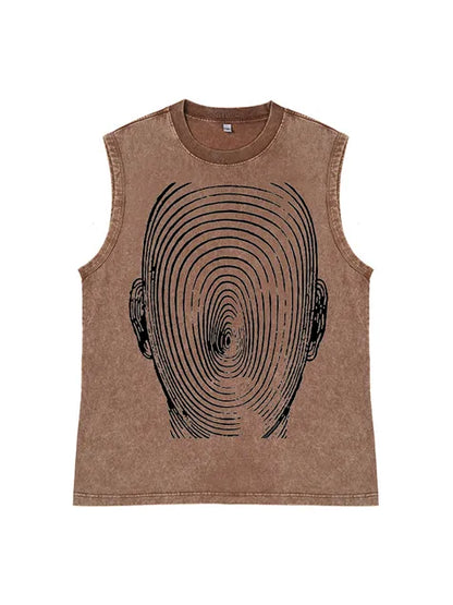230g Electric Wave Kitty Printed Wash Old Sleeveless T-shirt