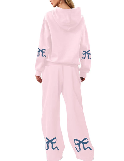 Women's 2 Piece Outfits Bow Trim Print Hoodie Sweatsuit Sets