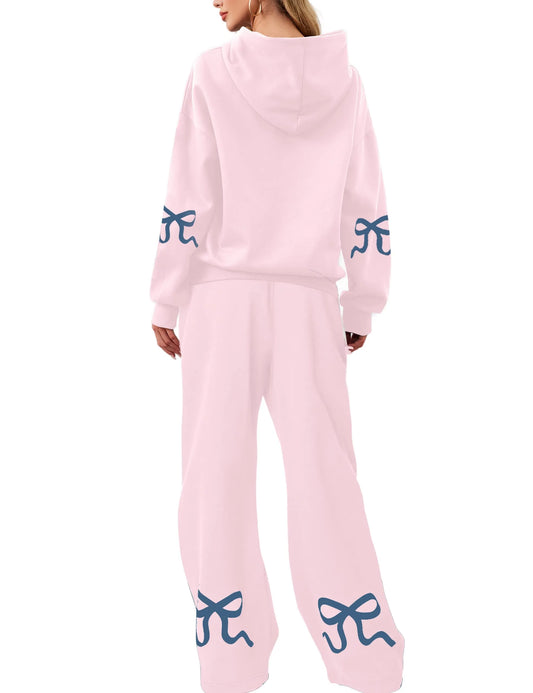 Women's 2 Piece Outfits Bow Trim Print Hoodie Sweatsuit Sets