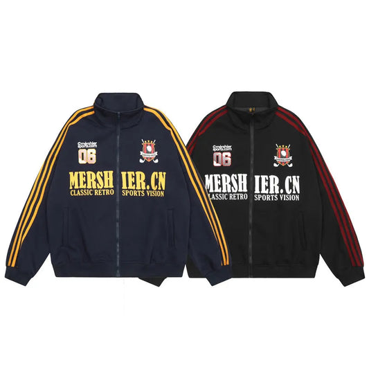 Vintage Strip Letter Zippered Standing Collar Jacket for Men