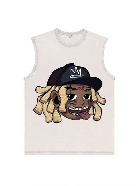 230g Cartoon Hip-hop Wash Old Sleeveless T-shirt