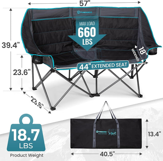 Double Camping Chair with Cooler 2 Person Folding Oversized Loveseat