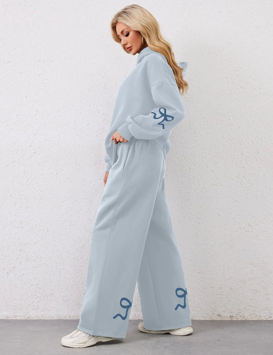 Women's 2 Piece Outfits Bow Trim Print Hoodie Sweatsuit Sets