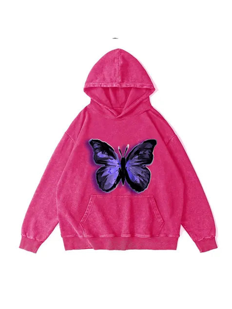 360g Butterflies Back Letter Printed Wash Old Cotton Hoodie