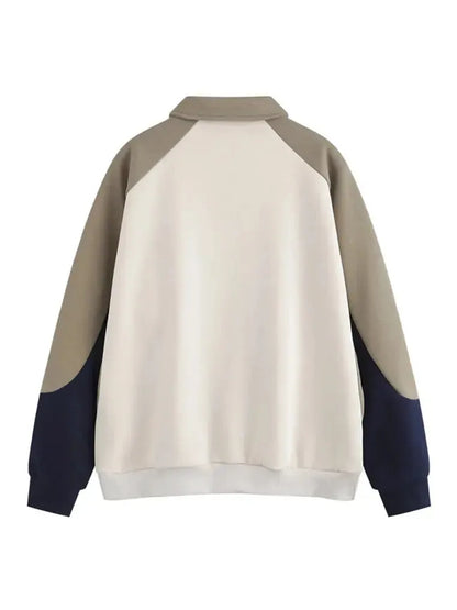 Patchwork Monogram Embroidery Half Zip Polo Sweatshirt