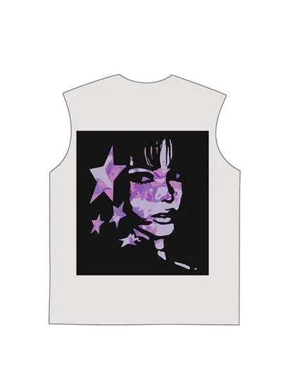 230g Cotton Back Pink Animation Girl Printed Wash Old Sleeveless T-shirt