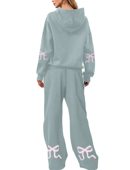 Women's 2 Piece Outfits Bow Trim Print Hoodie Sweatsuit Sets