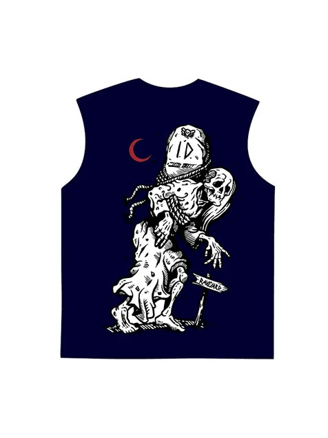 230g Vintage Skull Printed Wash Old Sleeveless T-shirt
