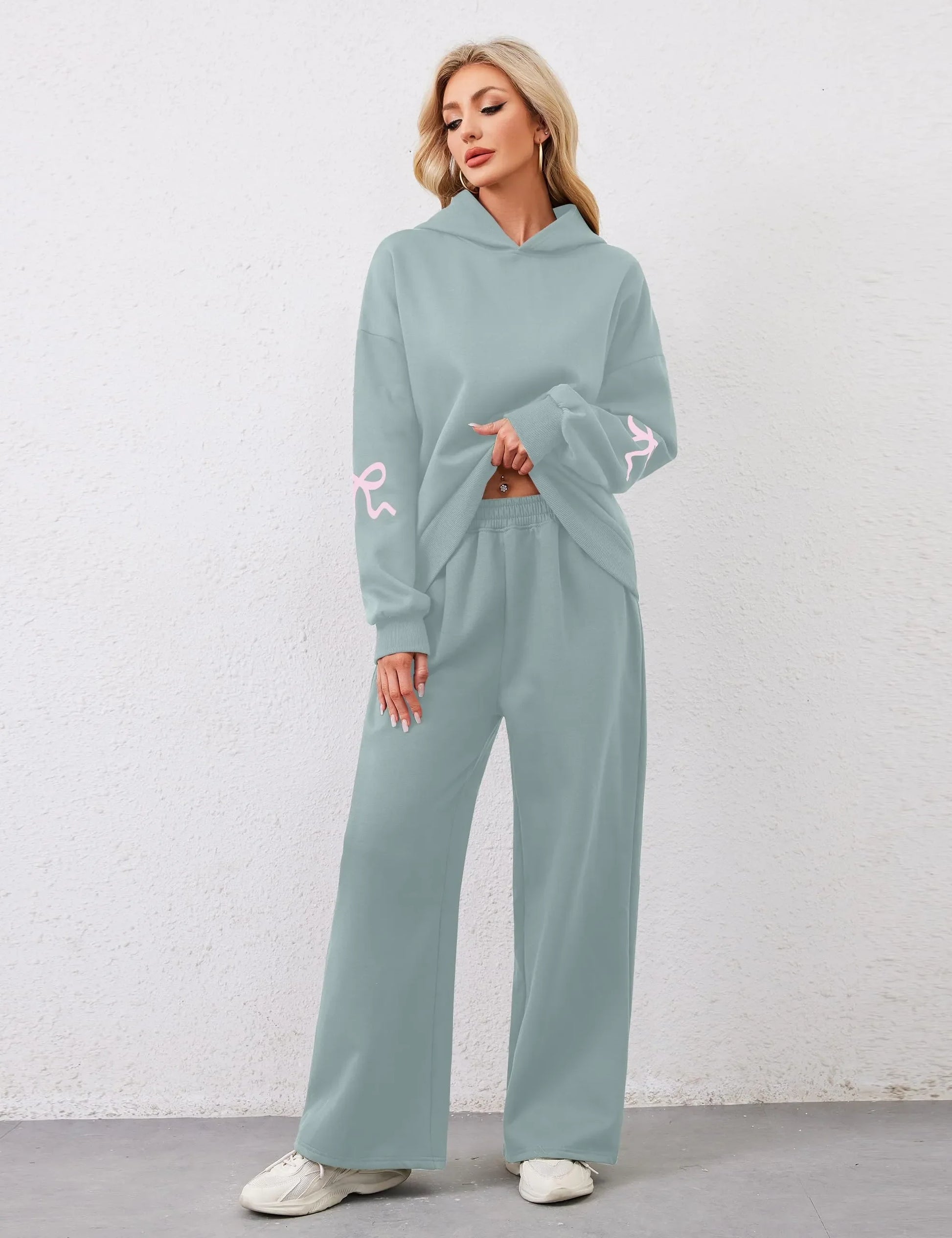 Women's 2 Piece Outfits Bow Trim Print Hoodie Sweatsuit Sets