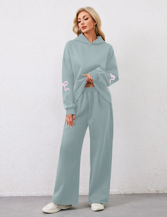 Women's 2 Piece Outfits Bow Trim Print Hoodie Sweatsuit Sets